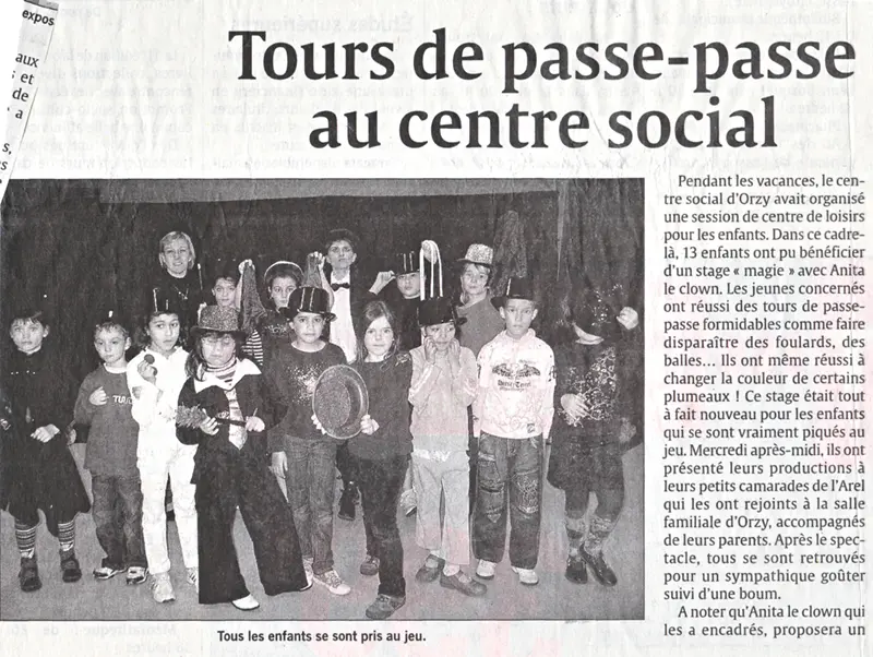 Article de presse sur stage Magie par Anita le clown à Orzy