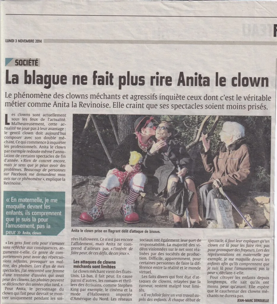 Article de presse d'Anita le clown qui n'aime pas les clowns méchants