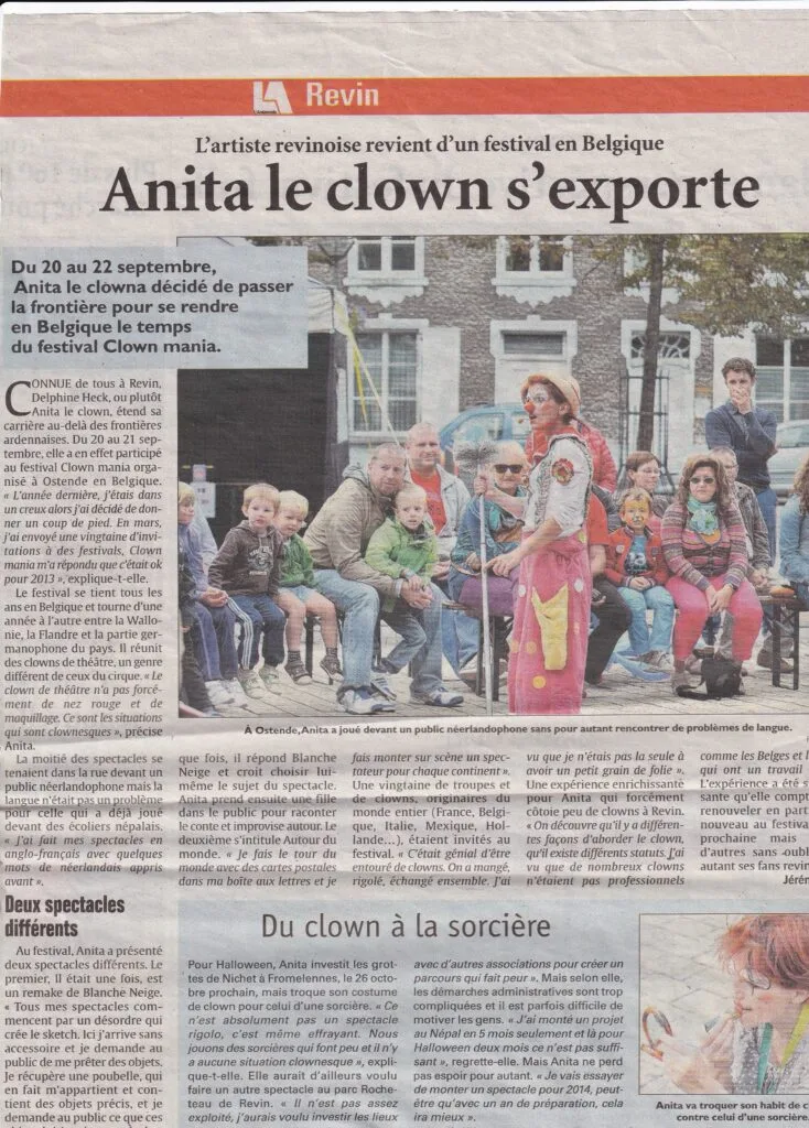 Article de presse pour un festival de clown belge d'un spectacle d'Anita le Clown