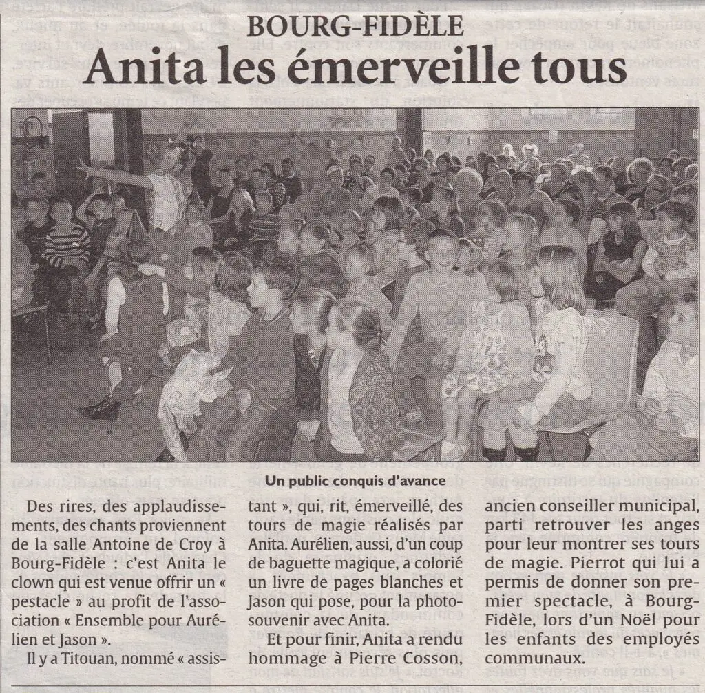 Article de presse d'un spectacle d'Anita le clown Bourg Fidèle
