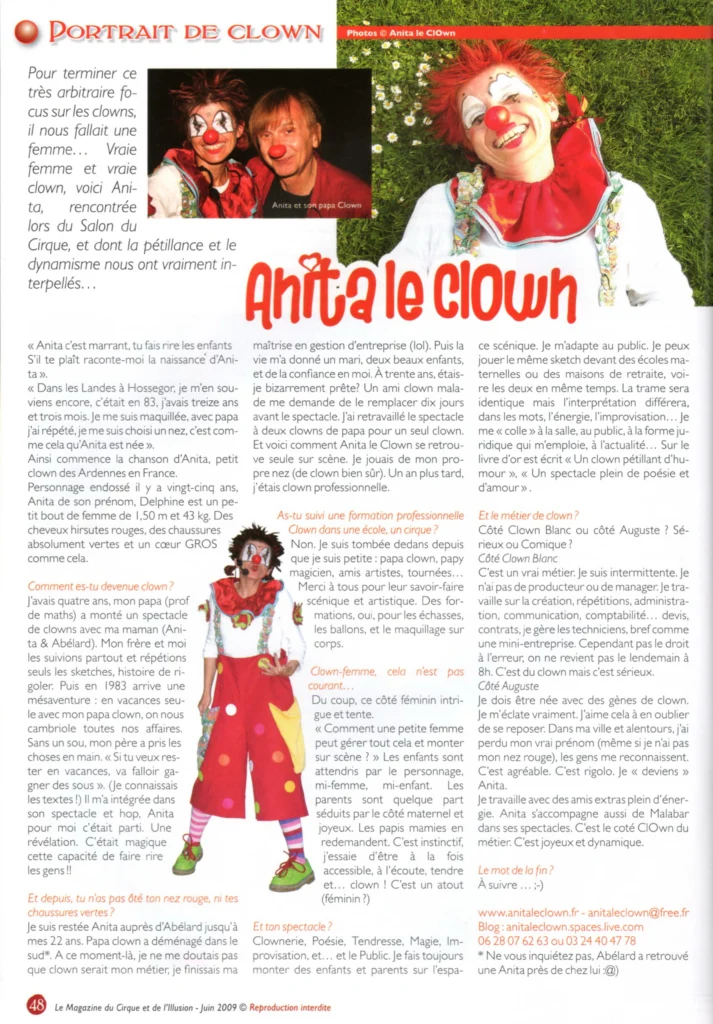 Article portrait d'Anita le clown sur magazine du cirque