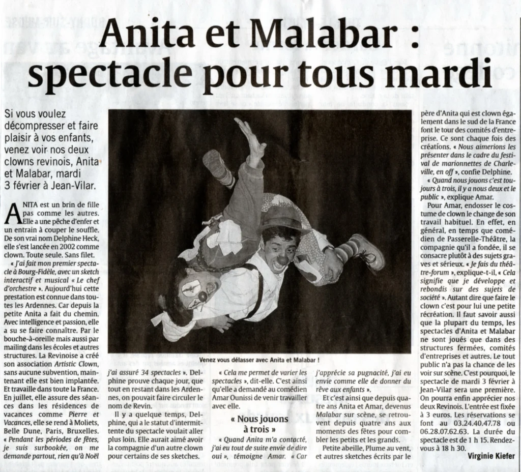 Article de presse sur le Spectacle d'Anita le clown et Malabar.