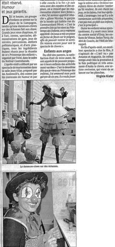 Article de presse sur le 1er spectacle et échasses d'Anita le clown 6 juin 2026