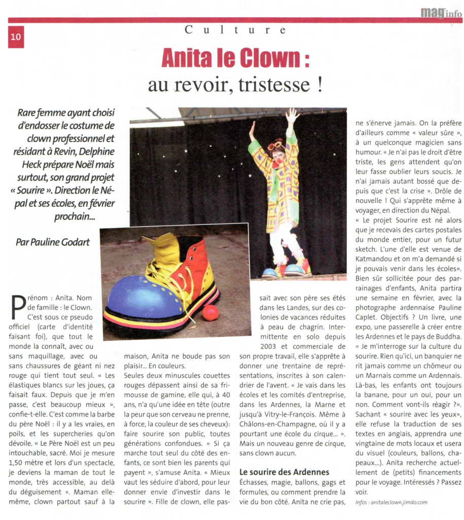 Article de presse sur le projet Sourire au Népal d'Anita le Clown