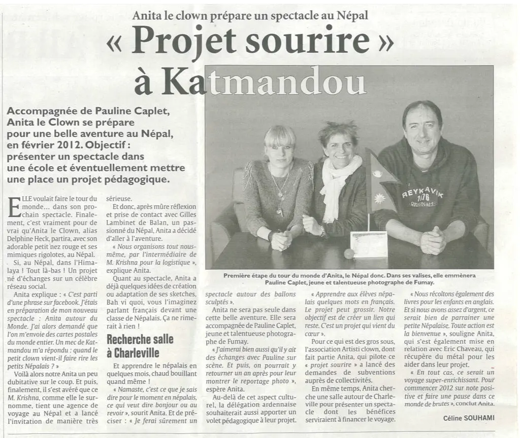 Article de Presse sur le voyage caritatif au Népal d'Anita le Clown 2010