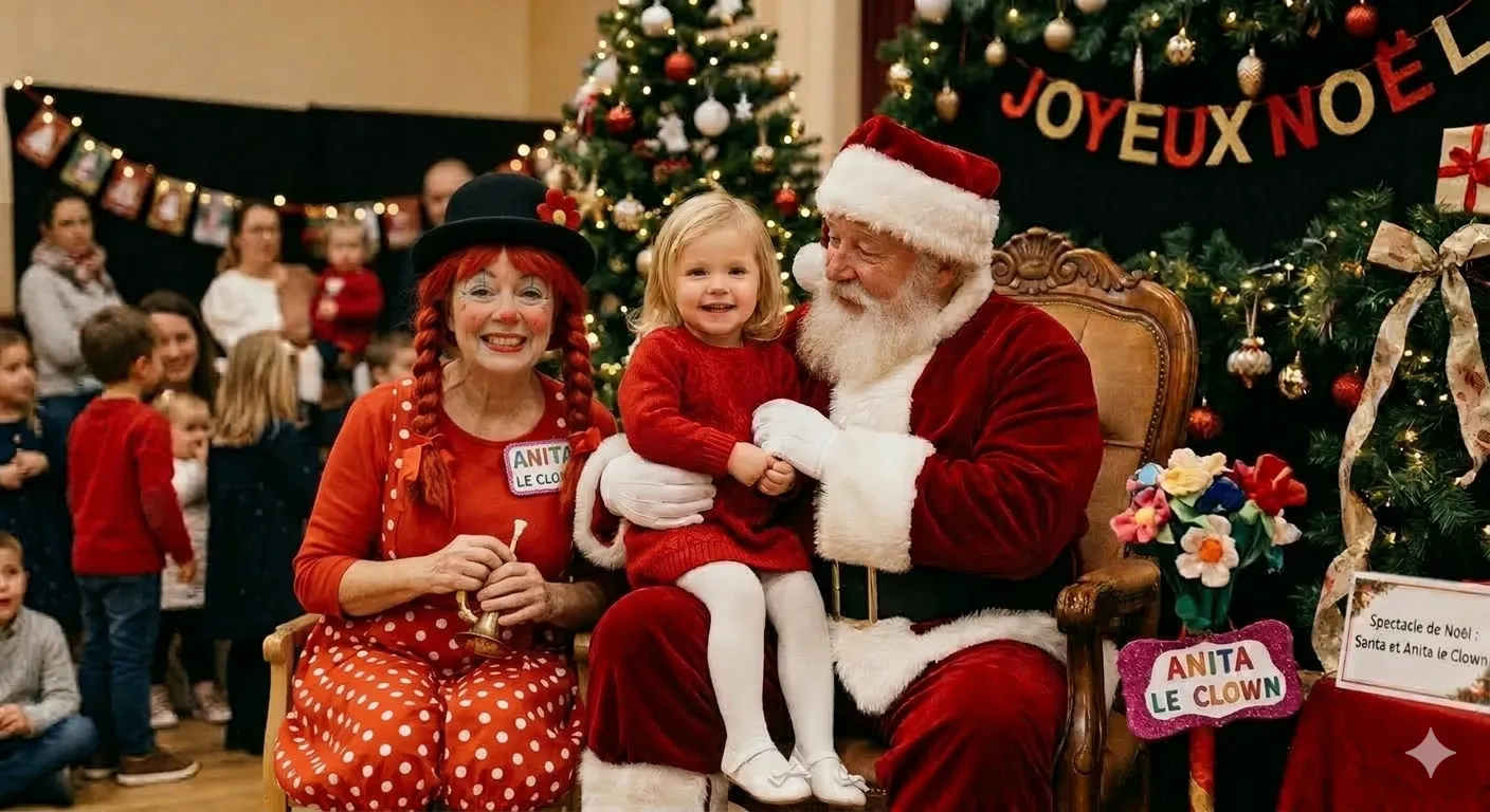Père Noël avec un enfant dans les bras. Anita le Clown. comité d'entreprise CSE